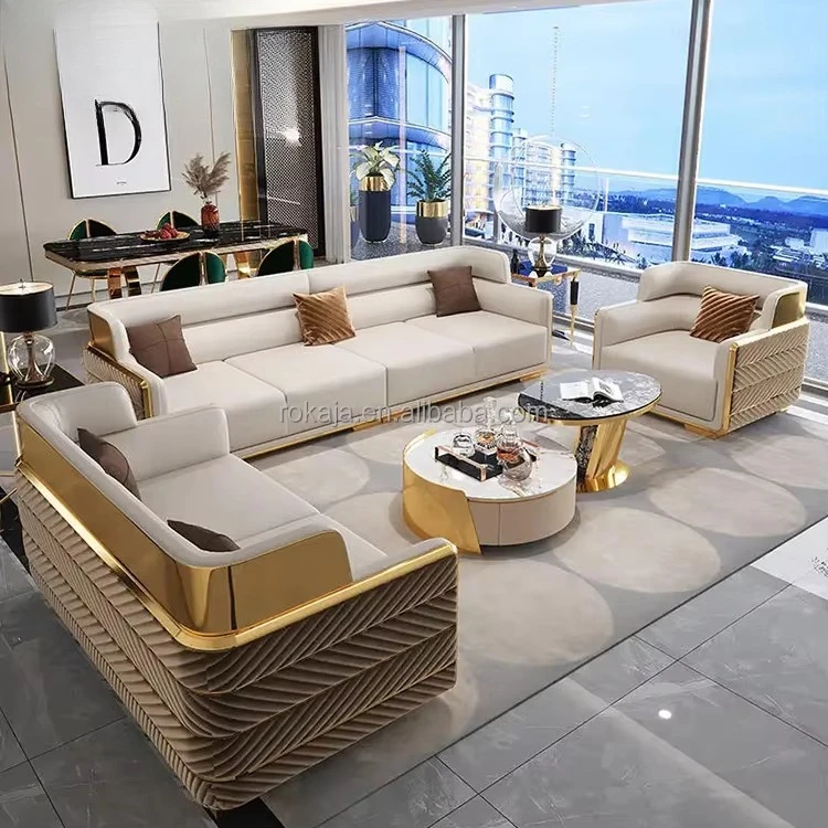 High-end combination sofa set Luxury gold stainless steel back Modern fabric Chesterfield 1 2 3 4-seat sofa Villa leisure