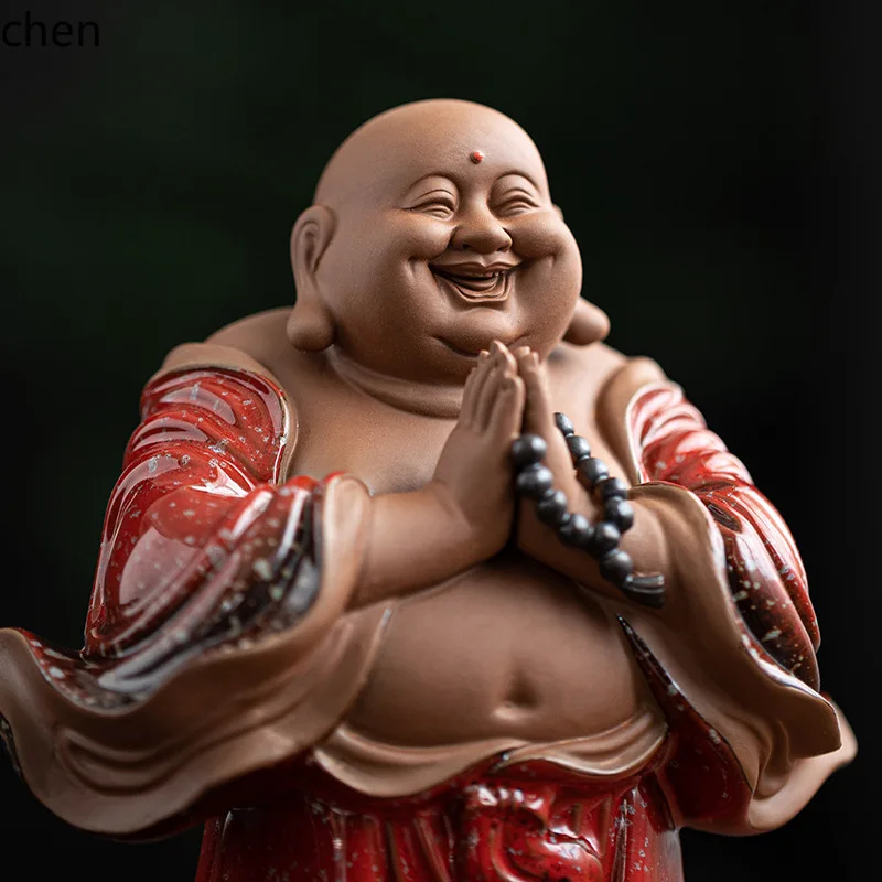 Cz1 chinese laughing buddha ceramic figurine - wealth & prosperity ornament for living room, entryway, or office decoration