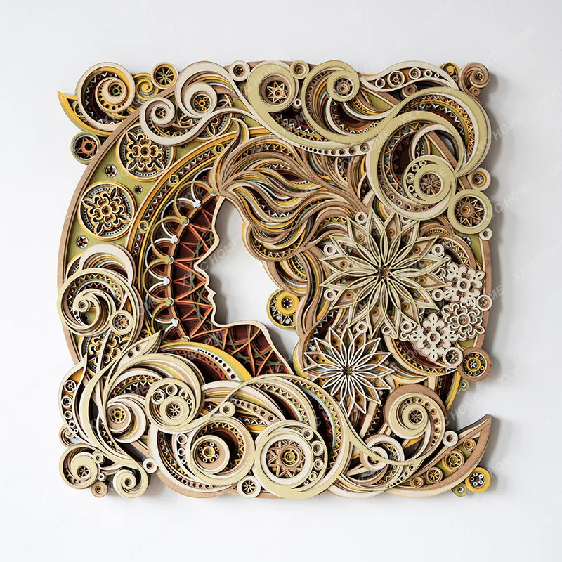 Stepped Wood Stacked Carving, Vintage-style Entryway Living Room Decorative Painting, Light Luxury and Sophistication