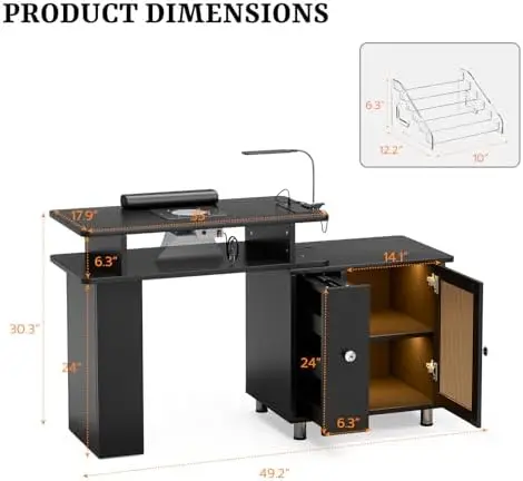 Manicure Table w/LED Light & Lamp, Nail Desk Nail Tech Table w/Dust Collector & Charging Station, Nail Station