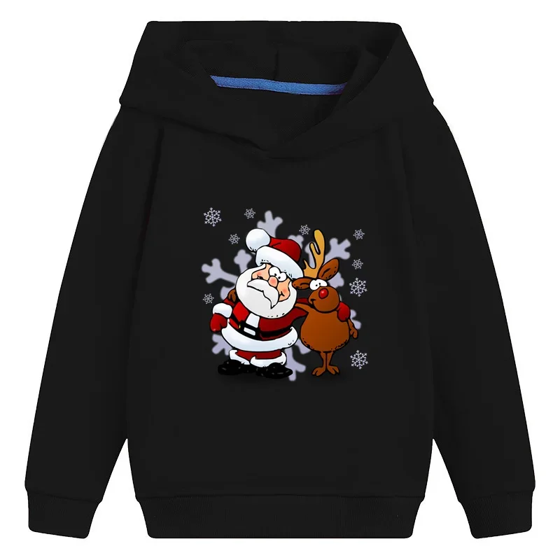 Santa And Deer Merry Christmas Cartoon Kids Hooded Hoodies Funny Girls Clothes Children Sweatshirts Baby Pullover Tops,KMT2022