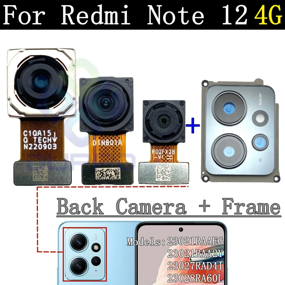 Original Rear Camera Flex Cable For Xiaomi Redmi Note 12 4G Note12 Front Selfie Small Facing Main Back Camera Glass Lens Frame