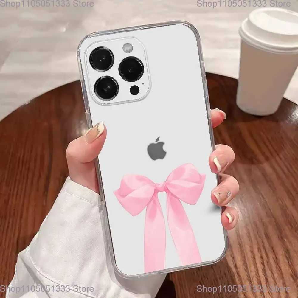 حافظة هاتف كورية لطيفة على شكل فيونكة وردية لهاتف آيفون 17,16,15,14,13,12,11 Plus,Pro,Max,XR,XS,Plus,E,SE4,غطاء شفاف صغير