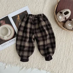 2024 Winter New in Kids Baby Boys Thicken Velveteen Outfits , Toddler Infant Plaid Keep Warm Harem Pants 3M-3Y