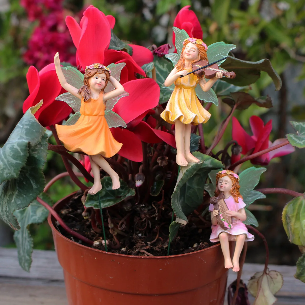 3pcs Playing Music Flower Fairy Garden Courtyard Succulent Pottery Decoration Flowerpot Insert Resin Crafts Glow In Dark Wings
