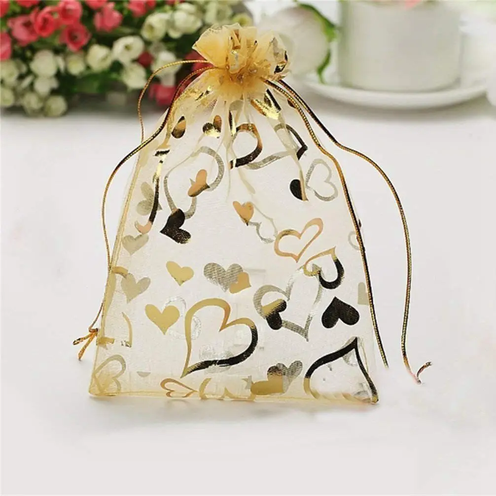 100Pcs 9x12cm Sheer Drawstring Heart Organza Jewelry Pouches Wedding Party Christmas Favor Gift Bags (Gold)