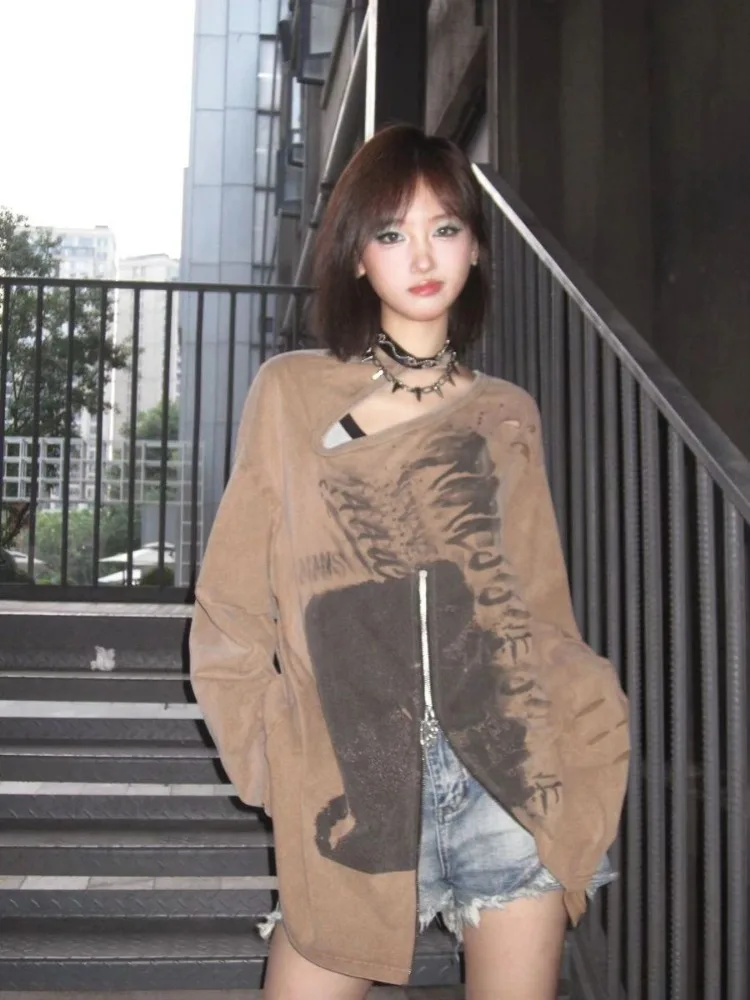 Y2k Aesthetic Print Vintage Fairy Sweatshirt Loose Tops Hollow Out Streetwear Tops Women Harajuku Zipper Grunge Hoodies Moletom