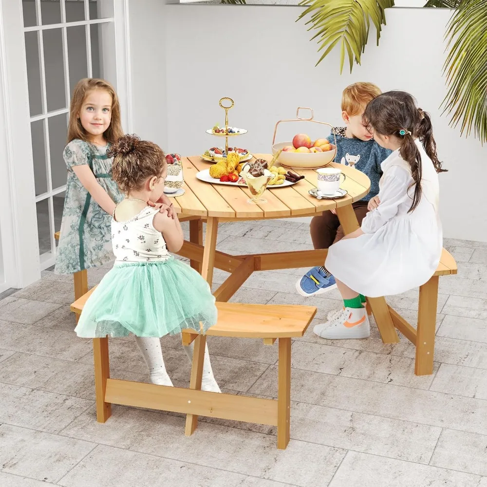 Tavolo da picnic per bambini per 6 persone, panca circolare per bambini in legno di abete con 3 sedili incorporati e foro per ombrellone, mobili per bambini all'aperto