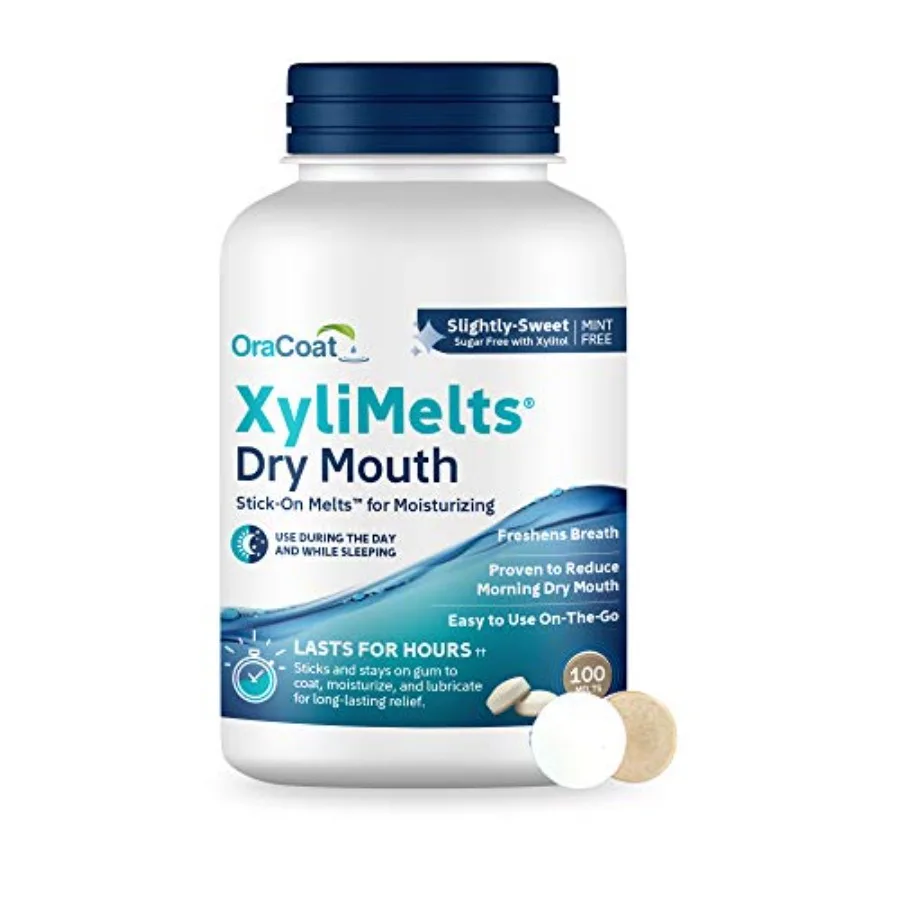 XyliMelts for Dry Mouth Night Time or Day - Moisturizing Dry Mouth Adhering Discs, Sugar Free with Xylitol, 100 Count, Slightly
