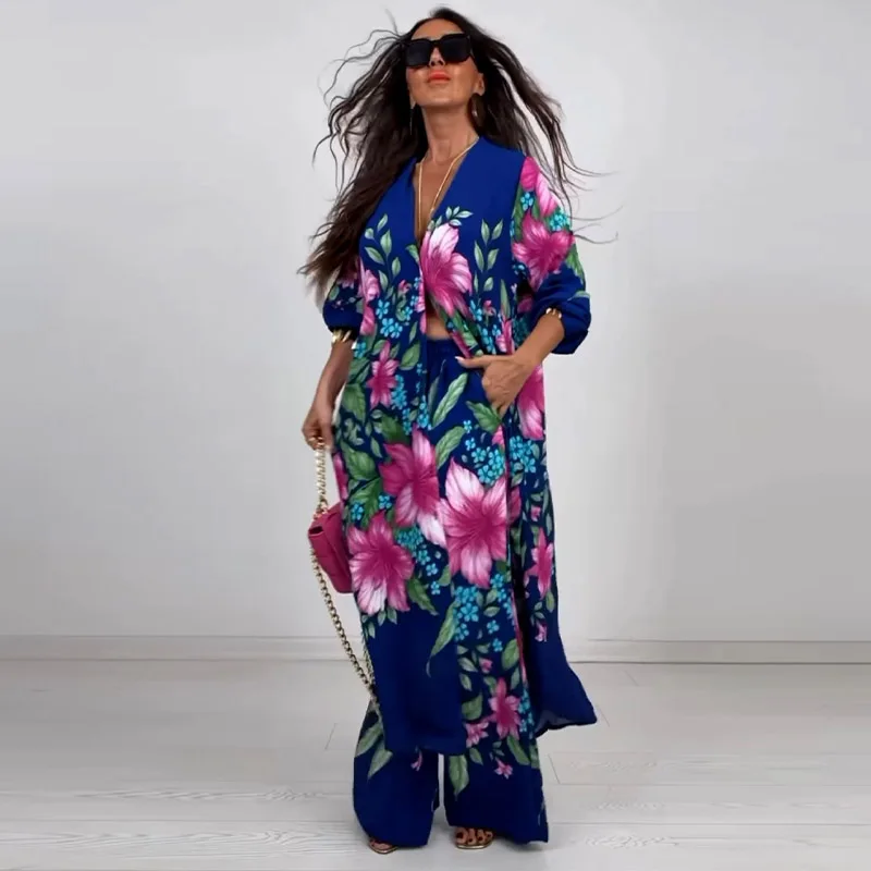 Set di pantaloni a due pezzi casual a gamba larga con tasca a maniche lunghe con stampa tropicale bianca casual da lavoro per donna Set da 2 pezzi vintage autunnale