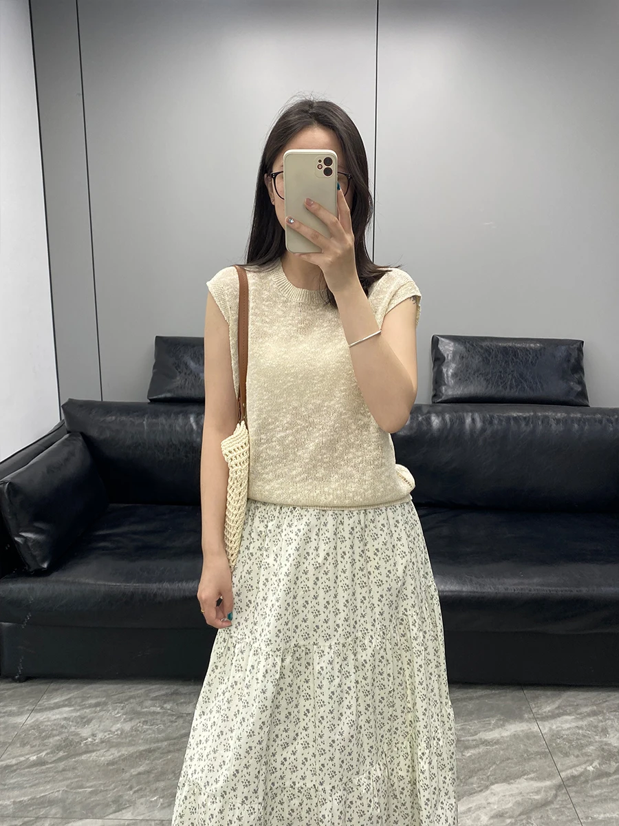 

Women's Cotton Linen Blend Hollow out Svel Knitted Top round Ne Base Vest Versatile Layering Tank Top French Sle Lo...