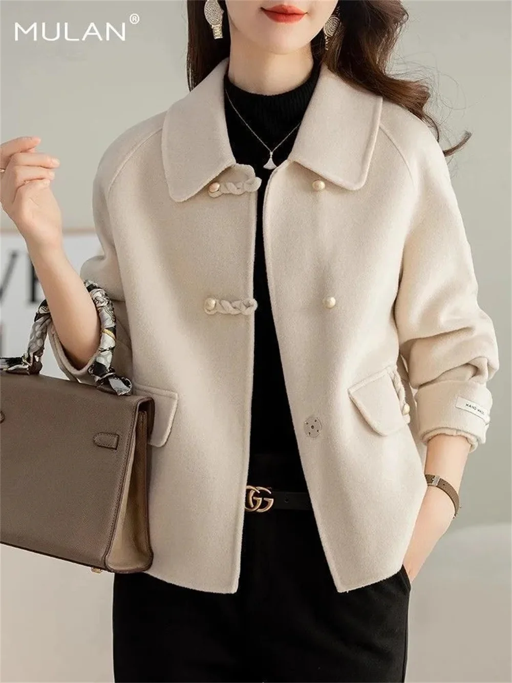 

New Womens Autumn and Winter Woolen Coat Fashion Pure Double-sided Loose Cashmere Coat tide Long-sleeved Single-breasted Outweat