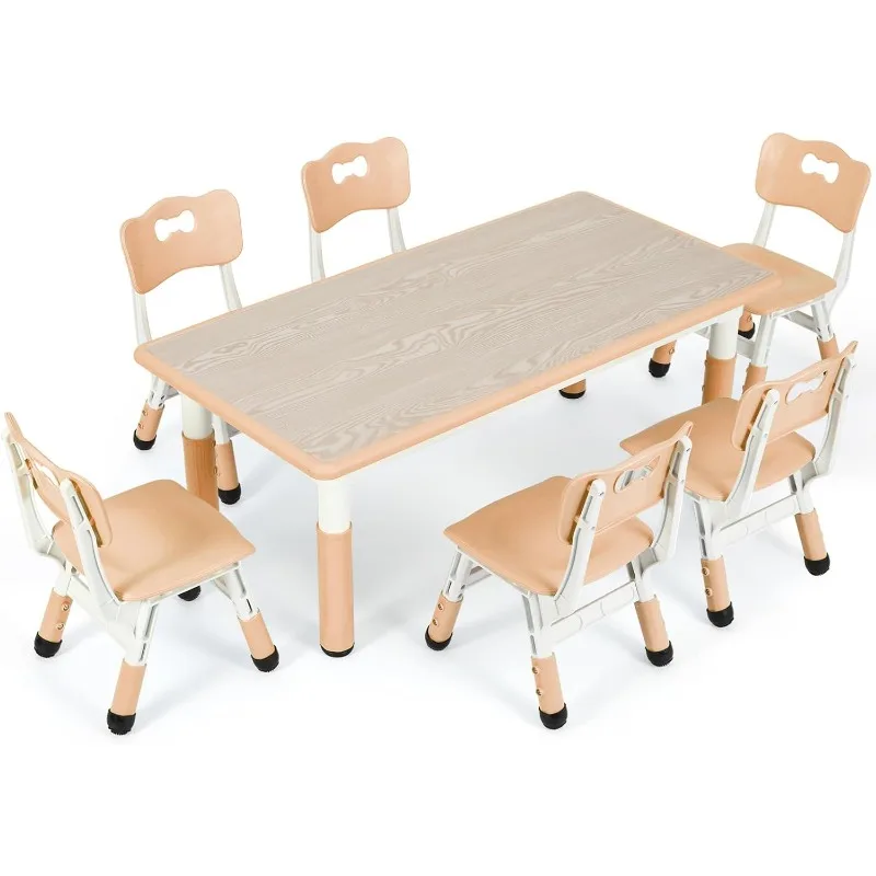 Kids Study Table and 6 Chairs Set, Height Adjustable Graffiti Table, Preschool Activity Art Craft Table for 6, Multifunction