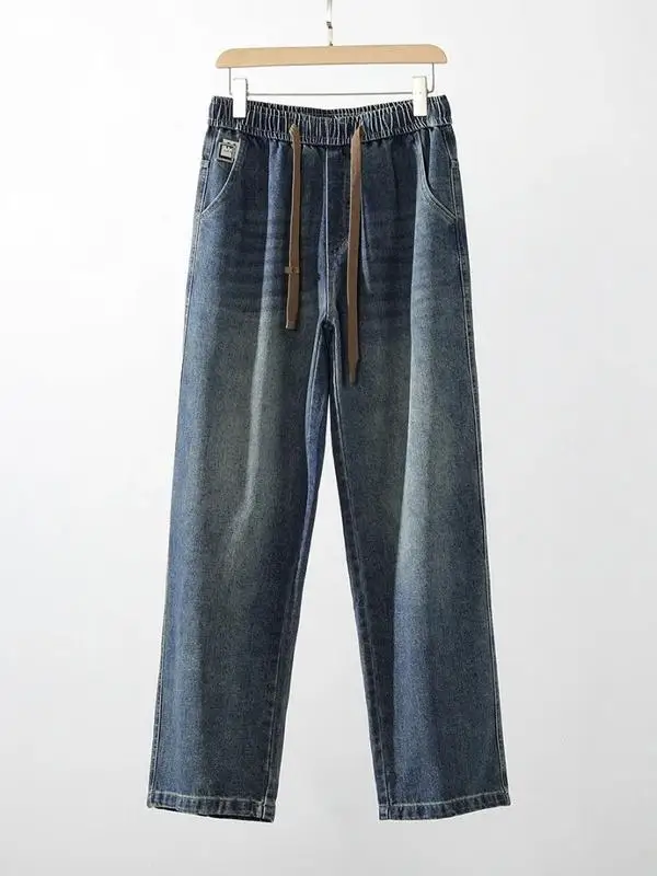 

Spring New Arrival Men's Loose Straight Leg Jeans Elastic Waist Pure Cotton Enzyme Waed Casual Breathable Floor-Length