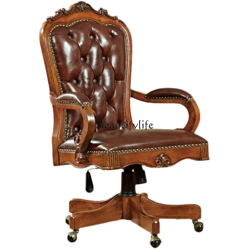 

*American leather boss chair live streaming host chair retro carved solid wood swivel chair