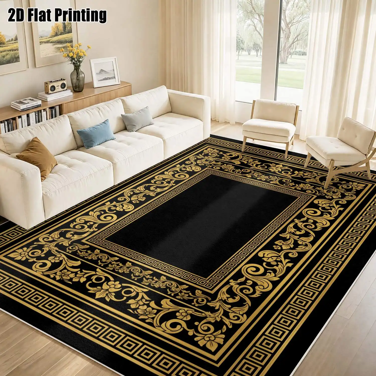 1Pc 2D Printed Velvet Carpet, Black & Gold European Retro Geometric Classic Patterns, Multi-Size, Machine Washable, for Home Decor: Entrance, Dining, Foyer, Bedroom, Living Room