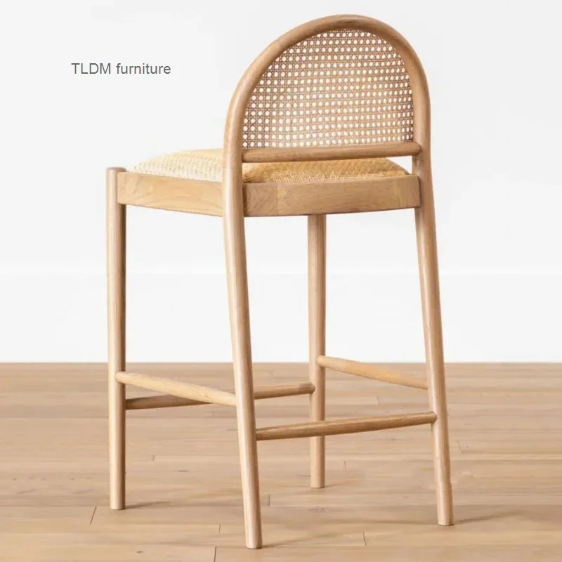 Nordic Woven Rattan Bar Stool Home Luxury Bar Chair Casual Dining Chairs Modern Minimalist Ash Wood High Stool Reception Chair