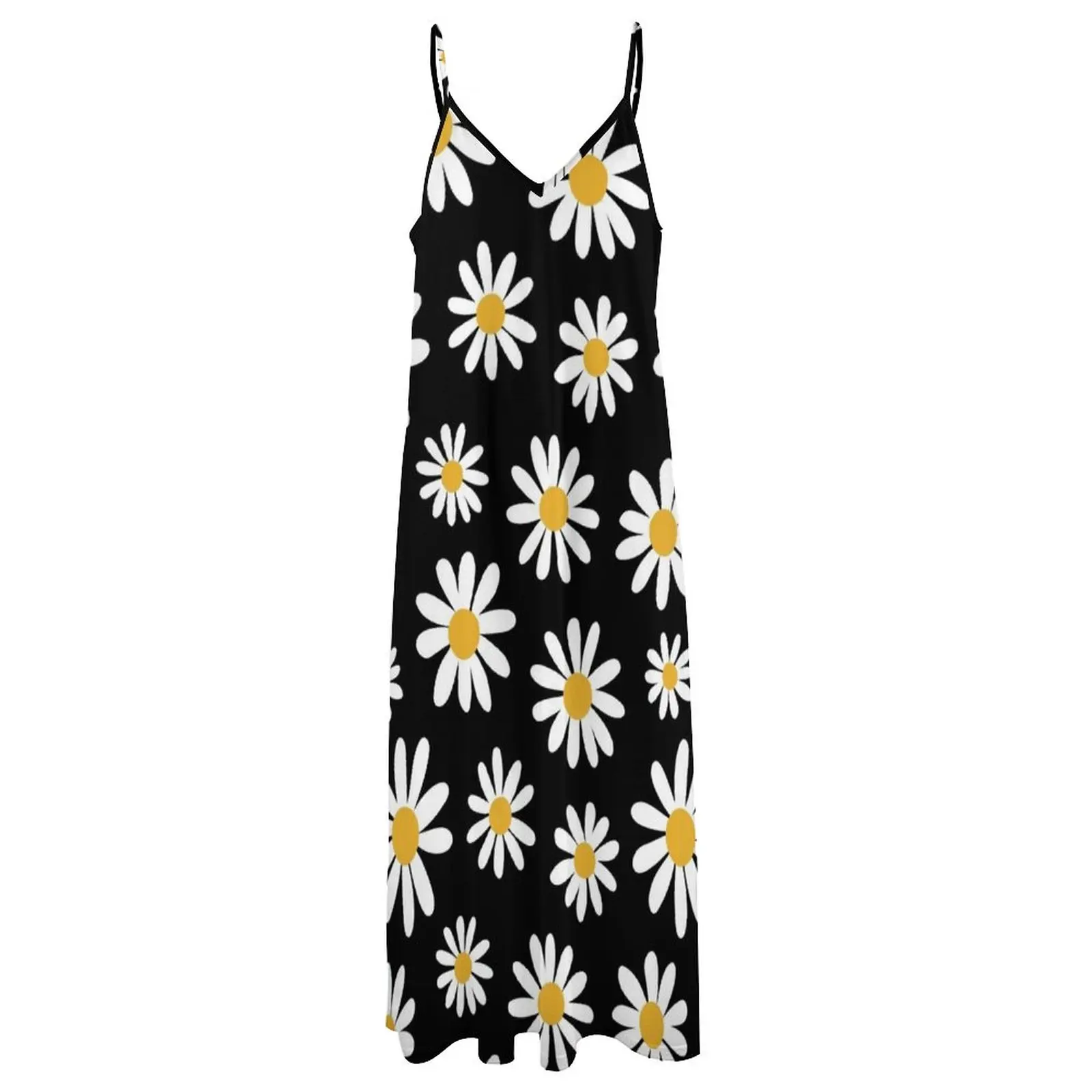 Vestido Floral Retro Padrão Feminino, Roupa Preta Sem Mangas, Saia Primavera-Verão, Luxo Elegante, Margarida