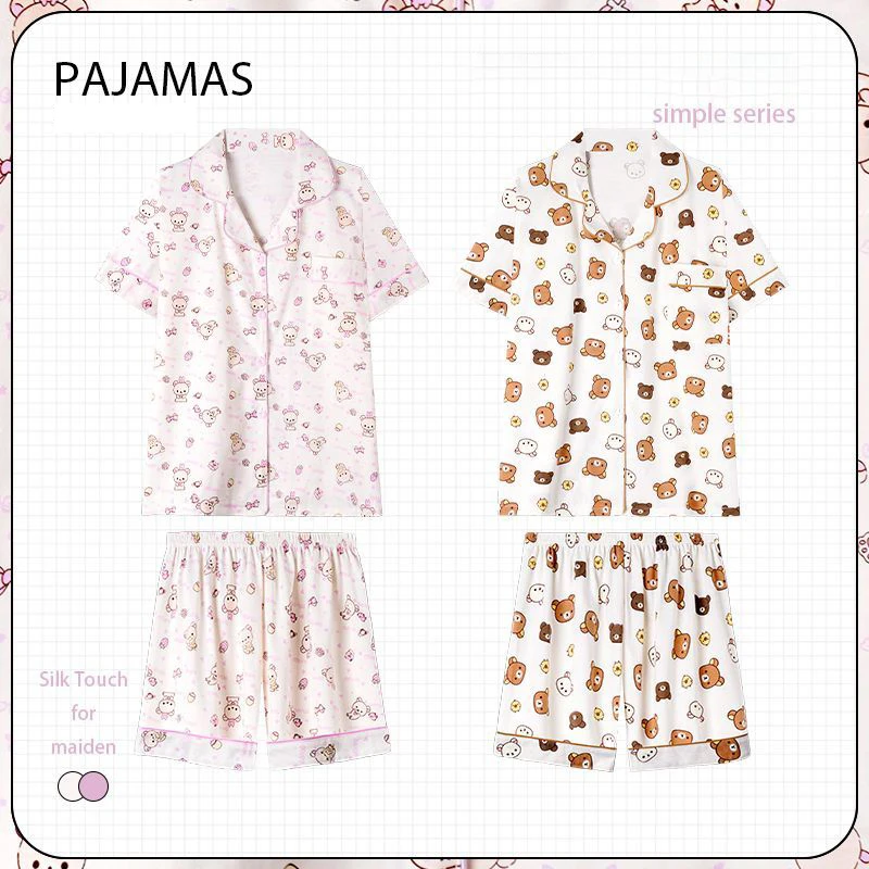 

Kawaii Rilakkumas Pajamas for Couples Women's Summer T-shirt Short Sleeve Cartoon Cute Student Girl Boy Home Wear Two Piece Set