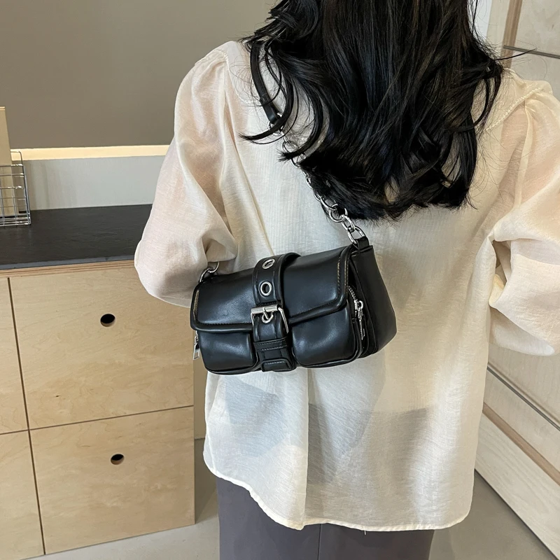 Belt Design Small Underarm Shoulder Bags for Women 2024 Korean Fashion Females Chain Crossbody Bag Lady Y2K Handbags and Purses