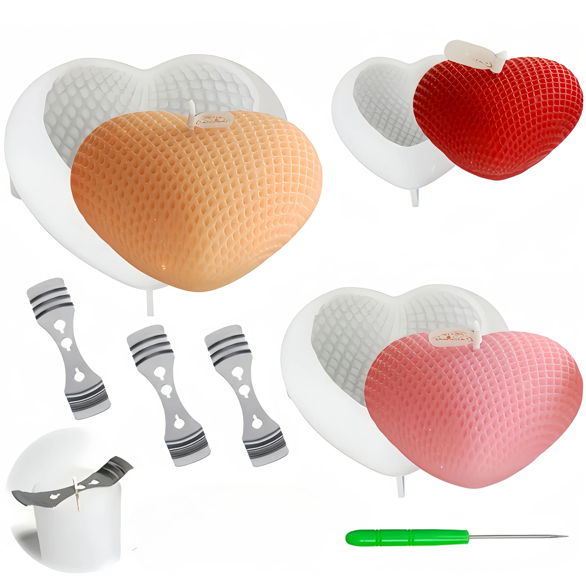 A set of heart-shaped candle molds, including 3 silicone candle molds, 1 5M wick, and 1 stamping needle,used for Christmas gifts