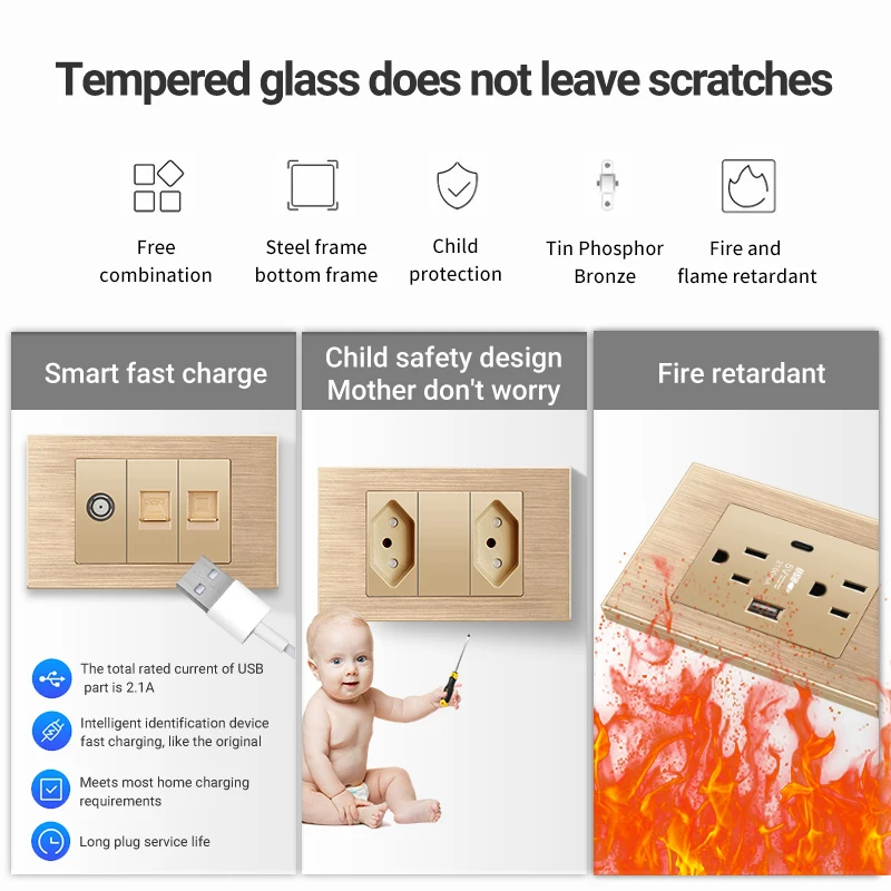 

PSSRISE Gold Aluminium Wire 2.1A USb Type C Brazil Standard Outlet Plug 118*72mm Wall Power Socket Light Switch Contacts Buttons