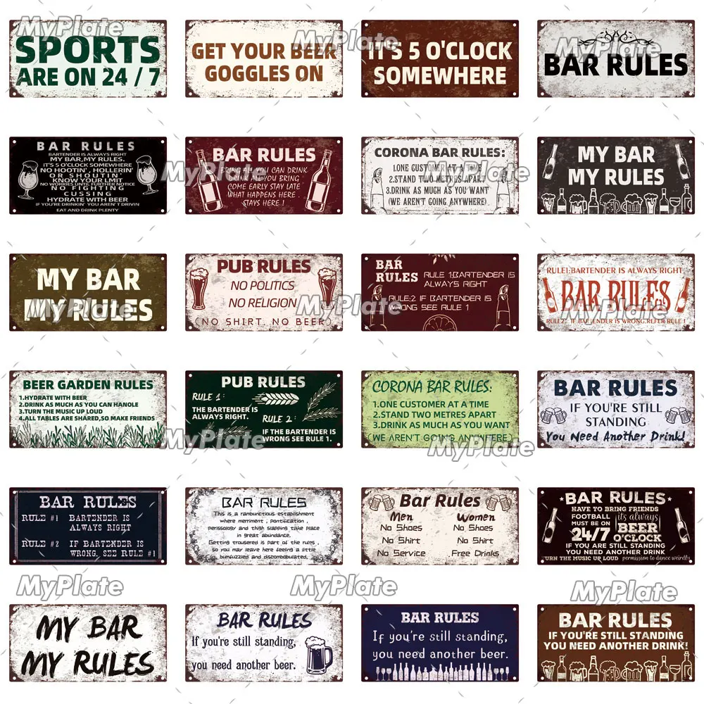 [MyPlate] Bar Pub Rules Wooden Wall Plaque Sign Wood Plate Home Door Wall Deocr Decoration Man Cave Hanging Sign House Gift