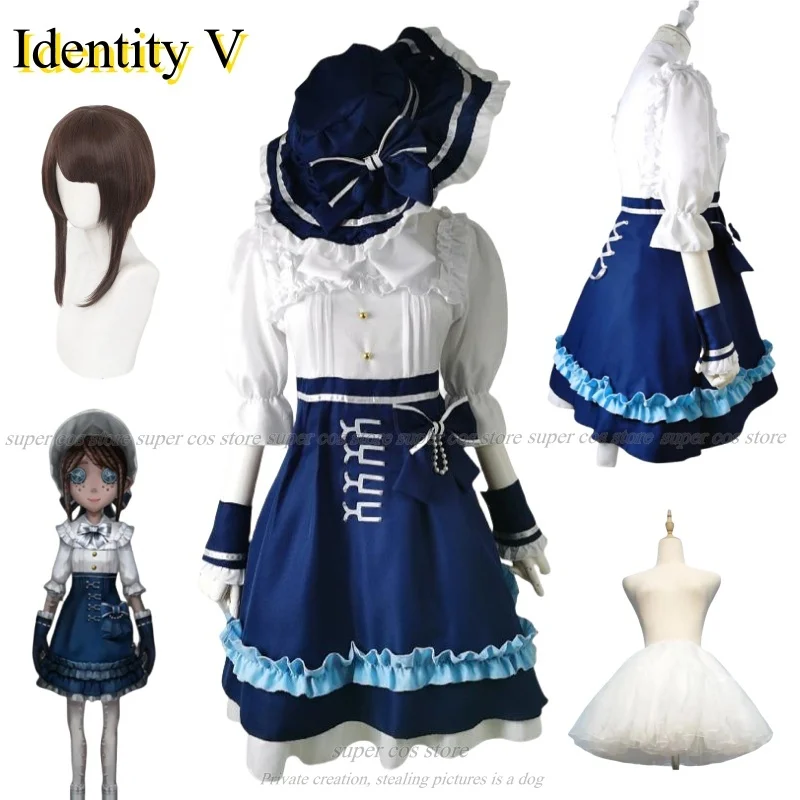 Anime Identity V Gardener Emma Woods Cosplay Costume Sweet Lolita Dress with Blue Hat Gloves Halloween Party Outfits Wig Shoes