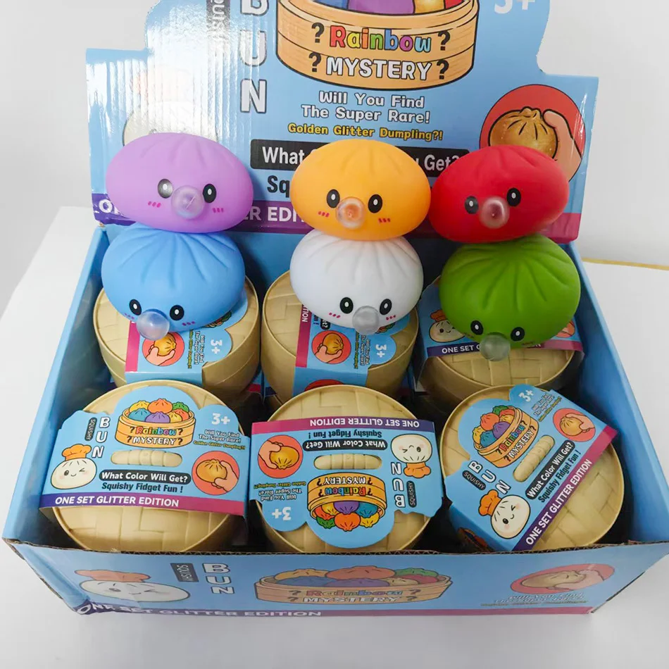 New Bubble Blowing Bun Squishy Set Soft Stress Relief Squeeze Ball With Steamer Case Kawaii Steamed Bun Shape Decompression Bun