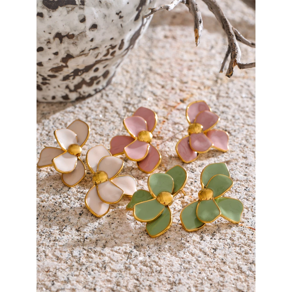 Yhpup Green Pink Enamel Petal Flower Stud Earrings for Women Stainless Steel Exquisite Spring Summer Daily Trending Jewelry