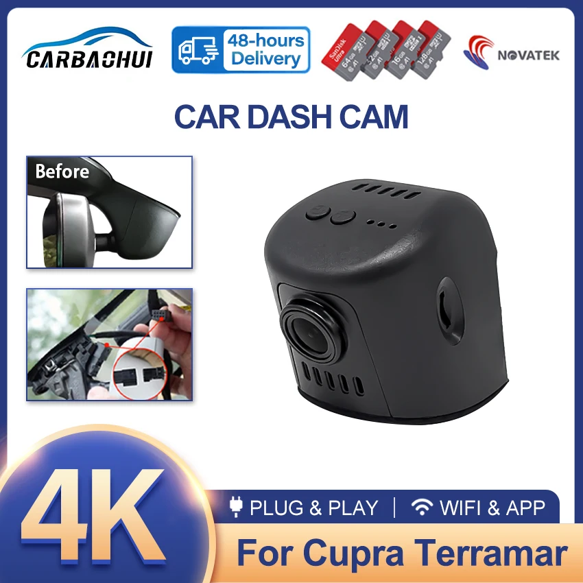 For Cupra Terramar 2024 2025 2026, 4K 2160P Dash Cam Front and Rear Car DVR Camera Plug and Play Dashcam Wifi Video Recorder