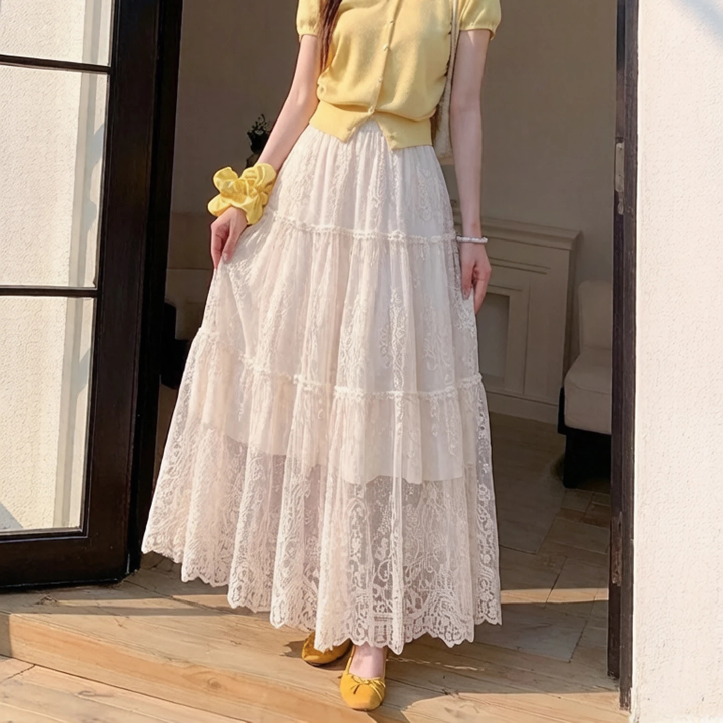 

Elegant Lace Embroidered Pleated Half Skirt Women's High Waist A-Line Maxi Umbrella Skirt Summer Long Dress Fashionable Commute