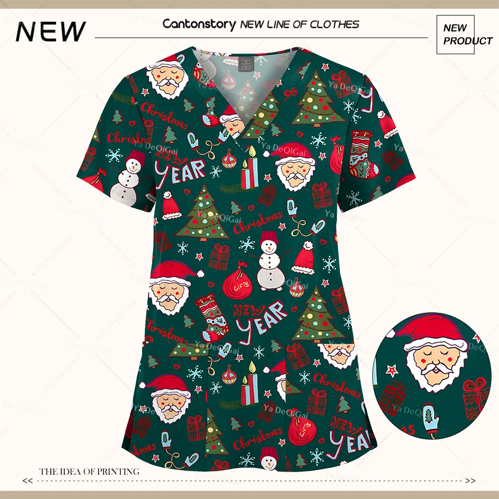 Christmas Print Scrub Top Women Men Dentist Working Uniforms Nurse Scrub T-shirt Uniformes Medicos Mujer Tooth Hospital Workwear