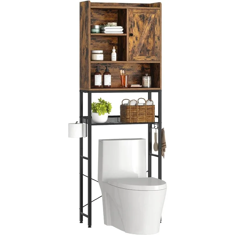 Over The Toilet Storage Rack with Cabinet, 5-Tier Bathroom Space Saver with Adjustable Shelf, Freestanding Organizer