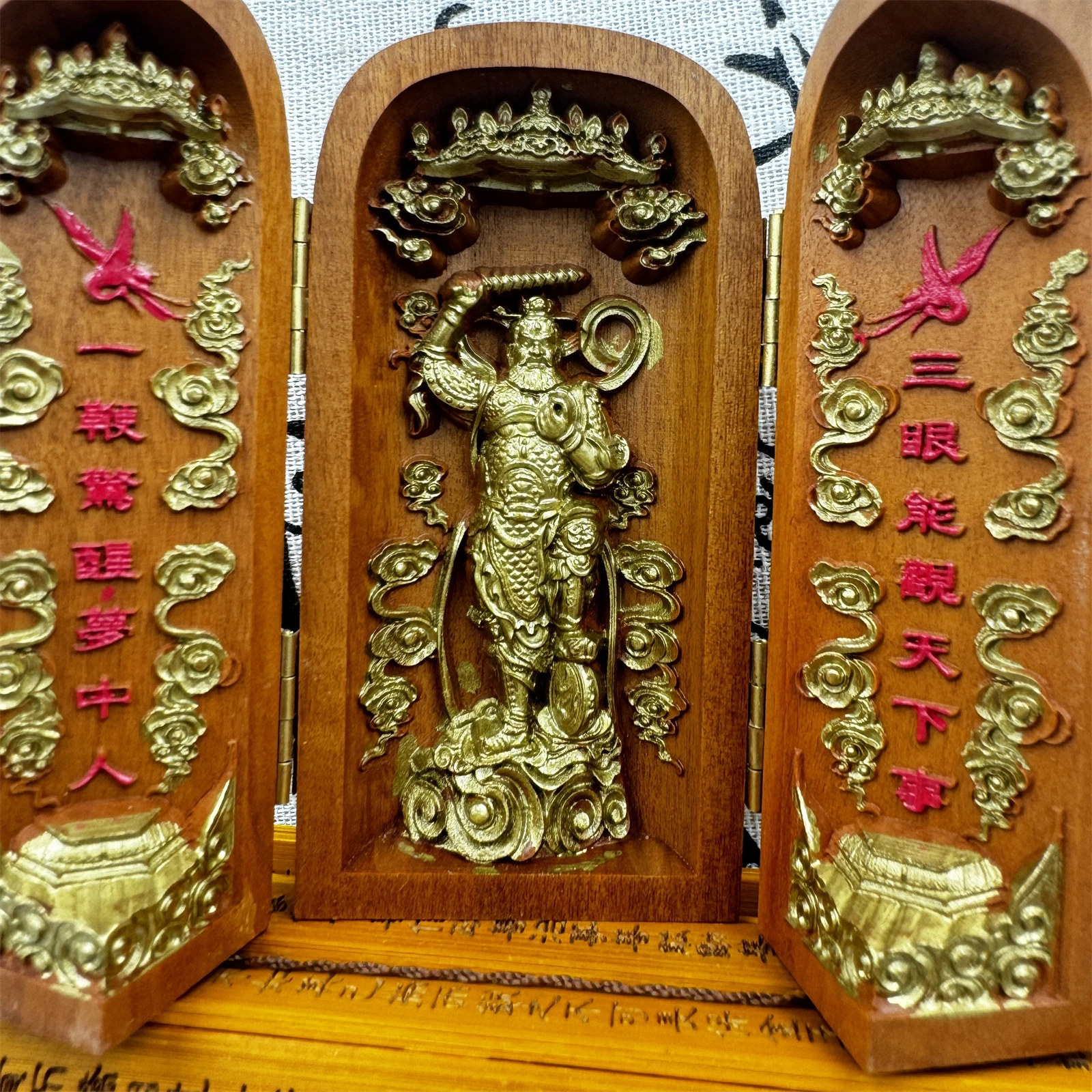 Taoist supplies, natural lightning struck jujube wood, three open statues of Wang Lingguan, handmade depicted ornaments