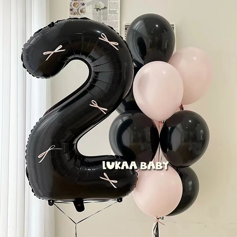 Czarny różowy kokarda urodzinowa balony zestaw bukietów numer balon foliowy wystrój dla dorosłych dzieci Baby Shower Decor Ballon materiały ślubne