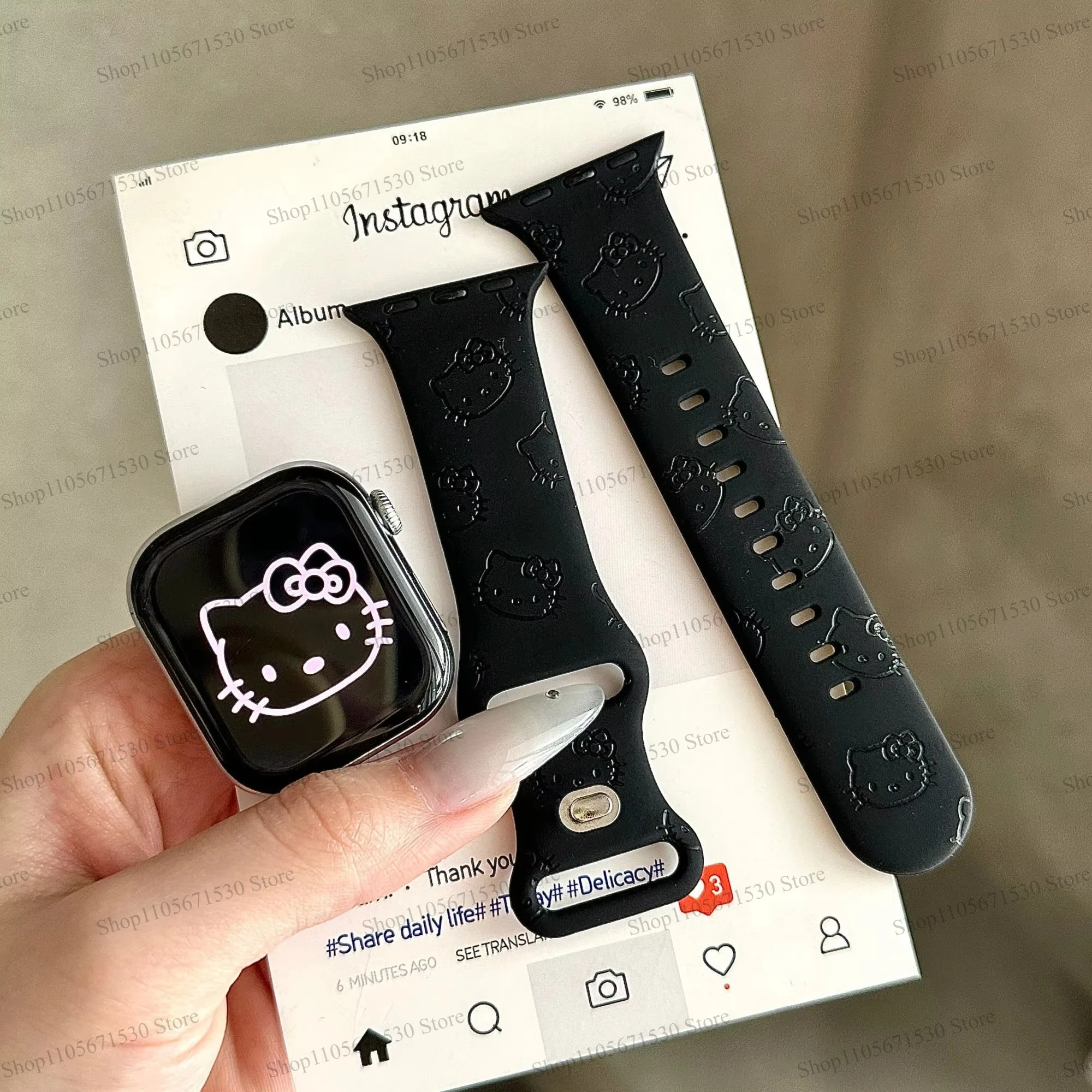 Kawai Sanrio Full Screen Cartoon Hello Kitty Applicable Iwatches11/10 Apple Watch Watch Strap SE Silicone Applewatches9/8 2026