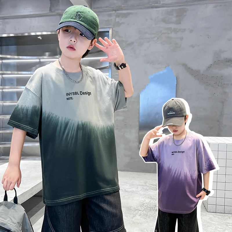 New Design Kids Summer Tie Dye T-shirt For Boys Casual Shorts Sleeve Cotton Tshirt Outfit Children Gradient Tee Tops Age 5-14Y