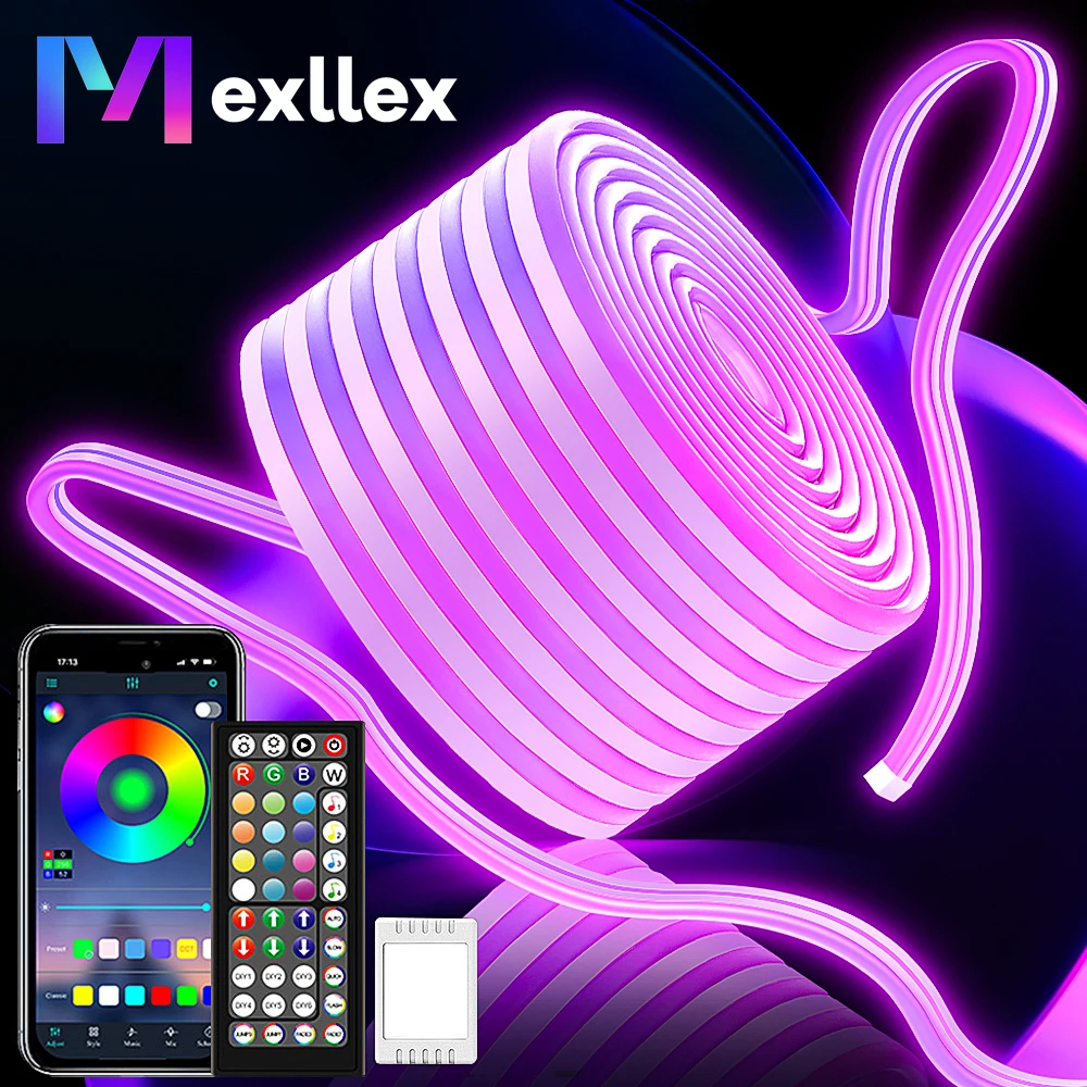 Mexllex RGB LED Neon Rope Lights, Music Sync Control with App/Remote, Flexible Lamp Color Change, Waterproof for Indoor Outdoor