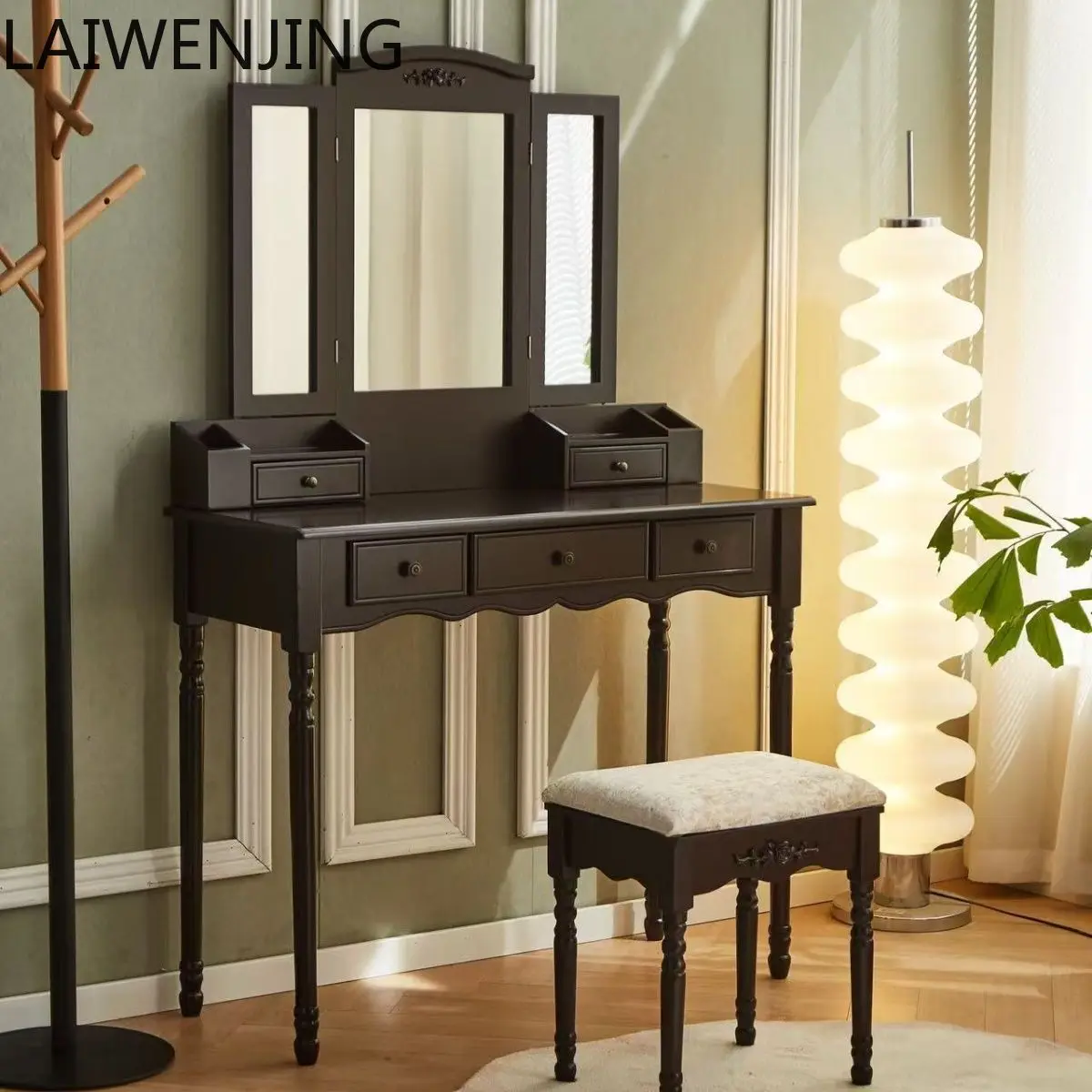 HLZ American Retro Dark Solid Wood Dressing Table with Mirror and Stool for Bedroom
