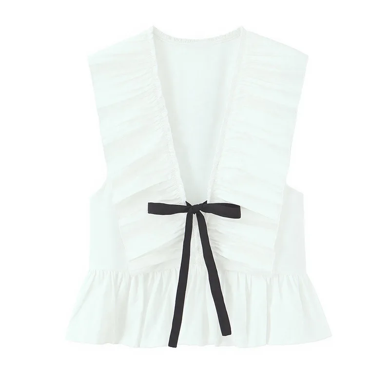 Y2K Women's Casual Slim Tops Contrast White Layered Design Fashionable Spring 2026 Small Pleated Detail Sexy Hot Girl Top