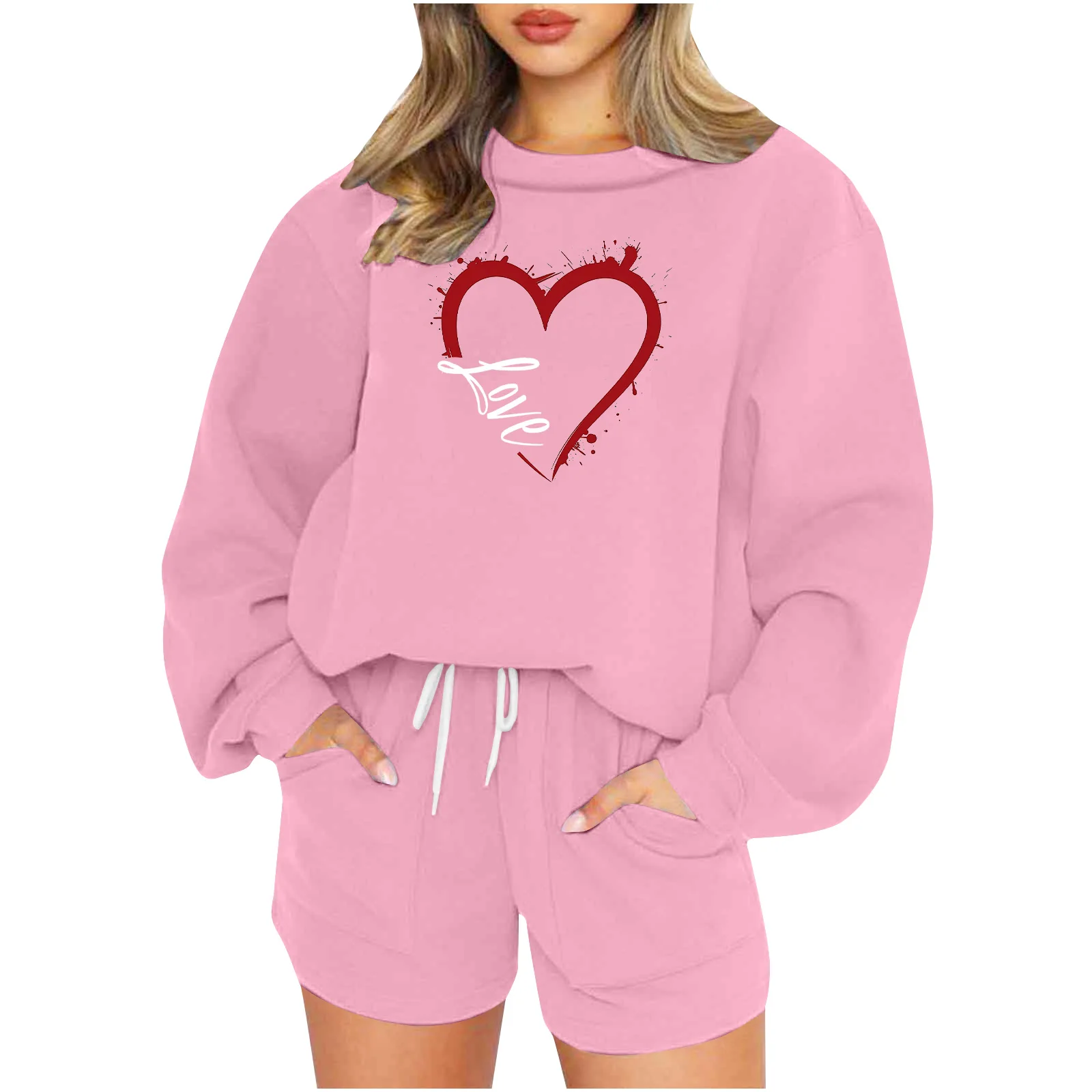 Love Print Short Two Piece Set Women Fashion Long Sleeve O Neck Pullover Sweatshirt Drawstring Shorts Sporty Style 2 Piece Sets