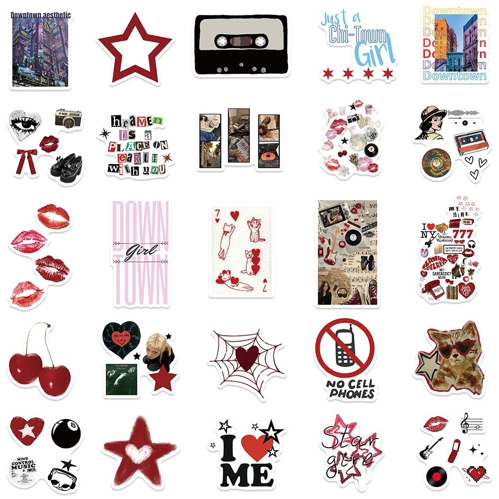 50pcs Retro Aesthetic 90s Y2K Stickers Downtown Modern Girls Stickers For Laptop Luggage Guitar Skateboard Vinyl Car Decals