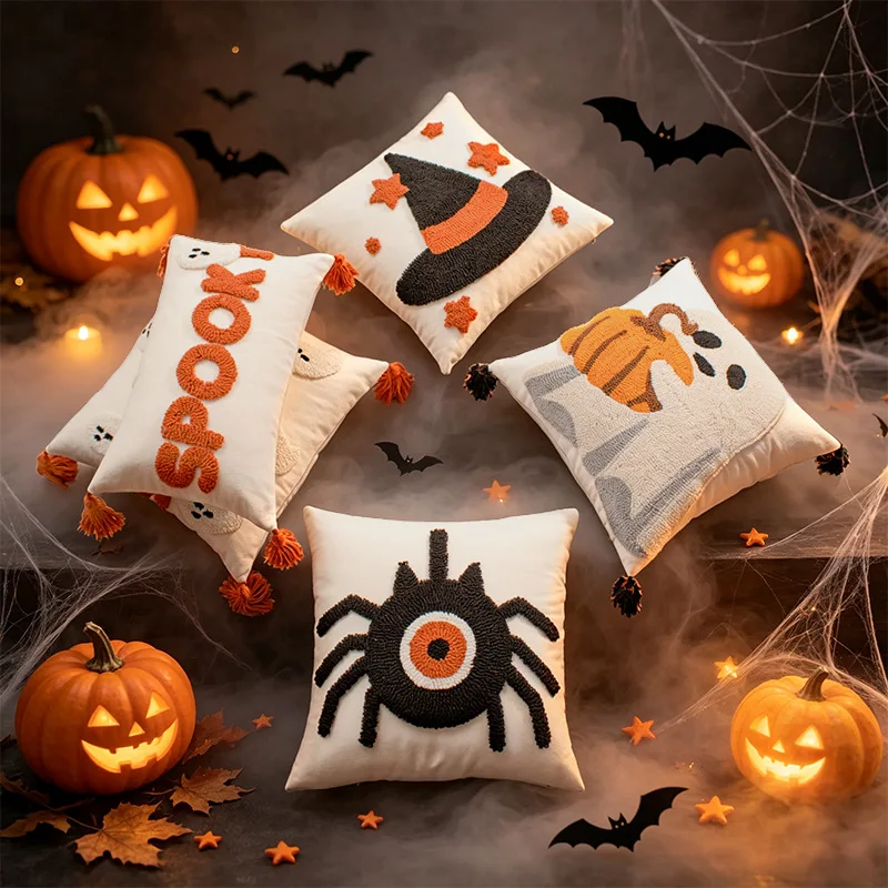 Halloween Tufted Pillow Covers 45x45cm 30x50cm - Witch Hat Spider Pumpkin SPOOK Designs Polyester-Cotton with Invisible Zipper