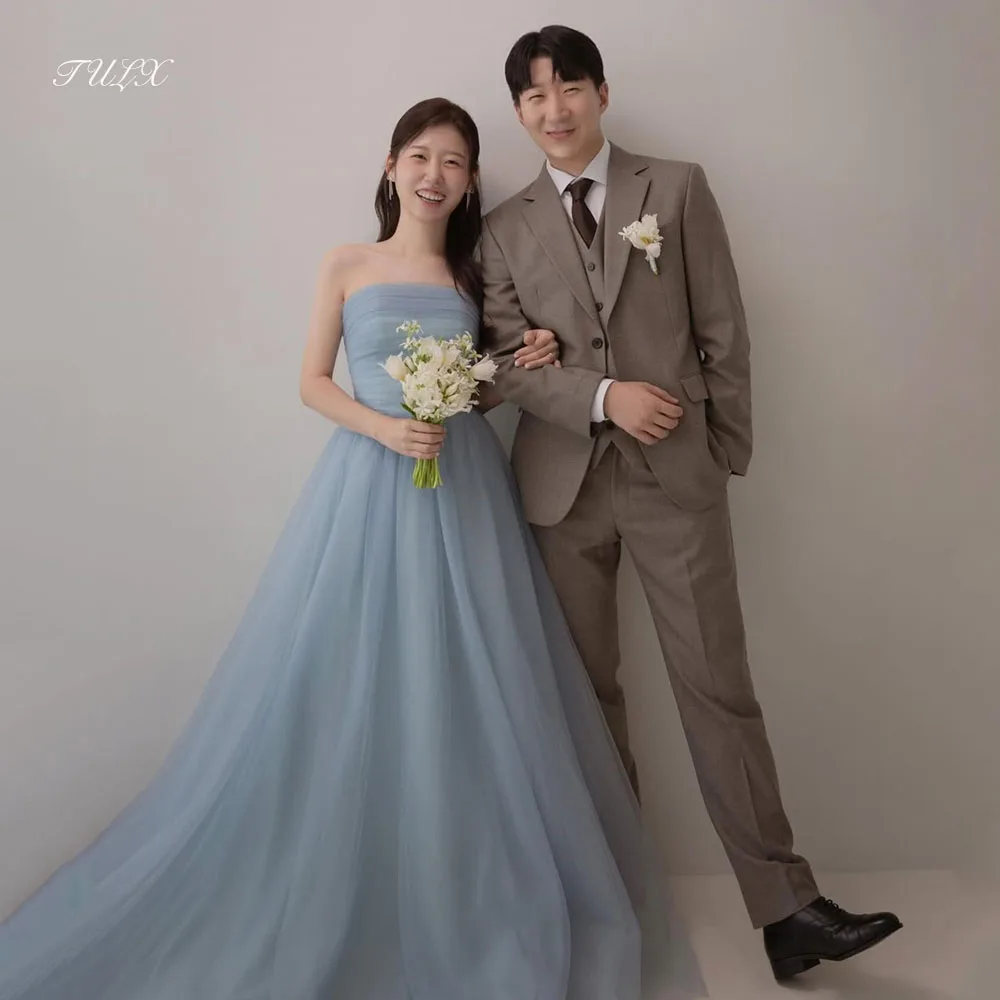 TULX Fairy Blue Tulle A line Long Evening Dress Korea Wedding Photo Shoot Strapless With Shawl Party Dress Corset Customized
