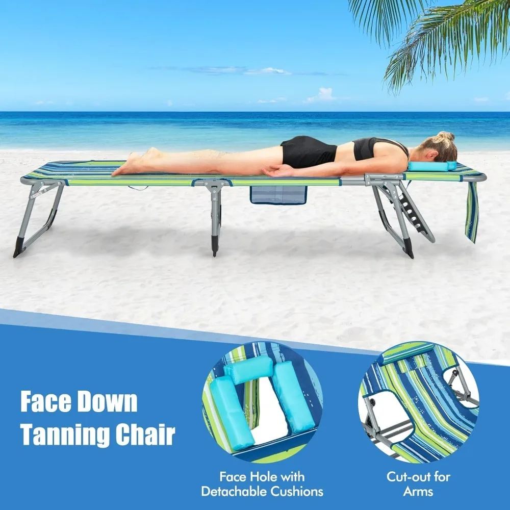 

Folding Beach Lounge Chair, Tanning Chair with Face Hole, 5-Position Adjustable Backrest, Pillow & Side Pocket, Customized