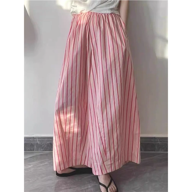 Runway Fashion Pink Vertical Stripe Skirt Summer Elastic Waist Pocket A-line Midi Skirts Basics Loose Women Skirt