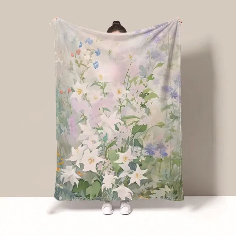 1pc 1pc Fresh cream style shawl blanket for all seasons, hand-painted oil painting flannel blanket, office nap blanket, air-cond