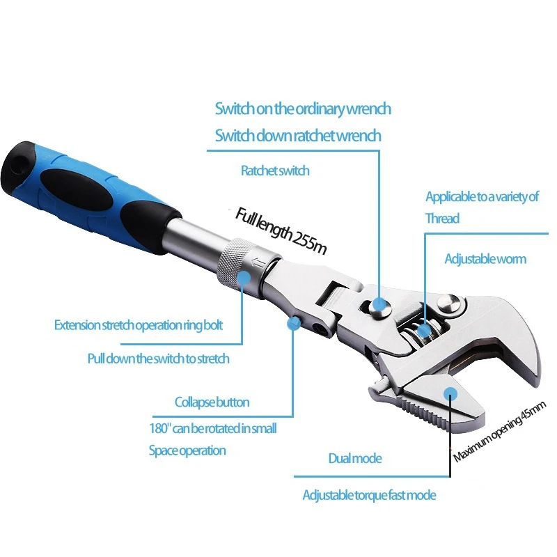 10Inch Ratchet Adjustable Wrench 5-In-1 Torque Wrench Can Rotate And Fold 180 Degrees Pipe Telescopic Wrench Repair Tool