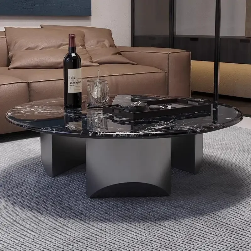 Stone and metal round coffee table for living room family expandable coffee table